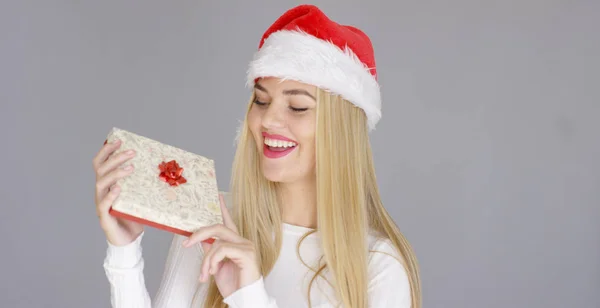 Hübsches junges Mädchen posiert mit Weihnachtsgeschenk — Stockfoto