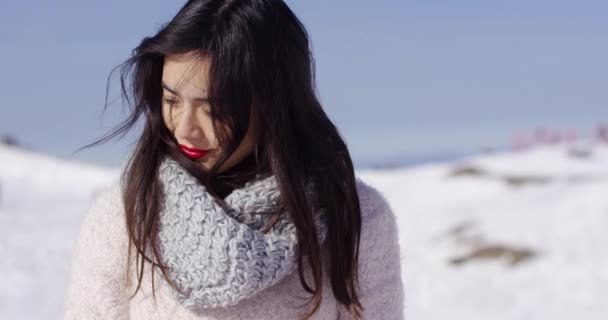 Mujer joven y bonita en suéter en la pista de esquí — Vídeos de Stock
