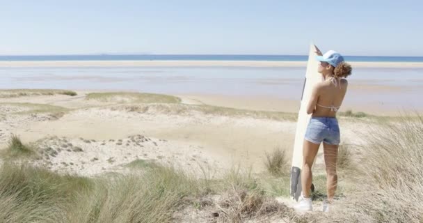 Femmina con surf ammirando paesaggio acquatico — Video Stock