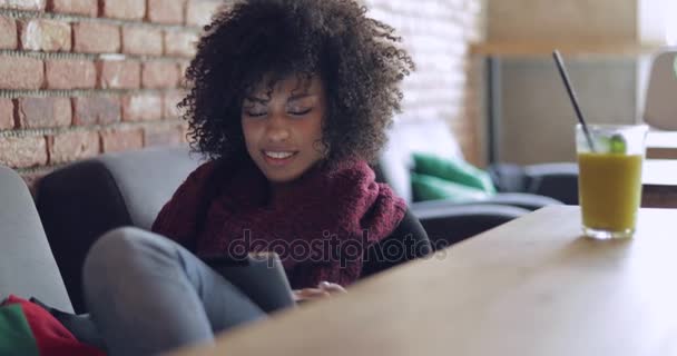 Adorable woman using table in cafe — Stock Video