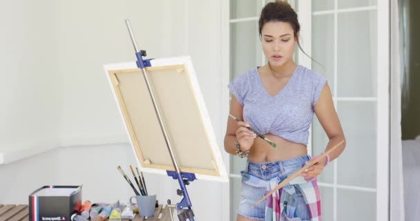 Atractiva mujer artista pintura en su patio — Vídeos de Stock