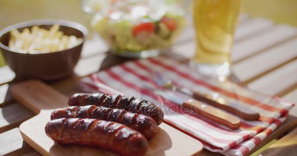 Grilled sausages and salads for a summer picnic — Stock Video
