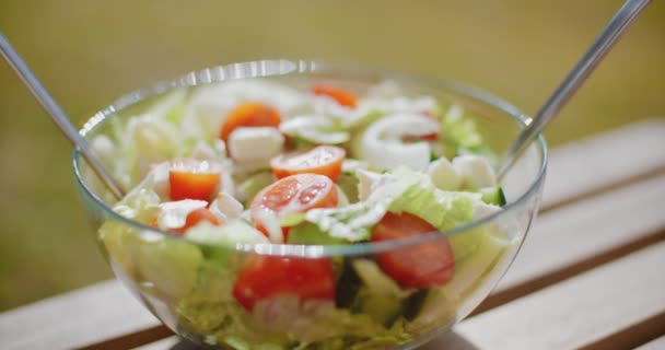 Tazón de ensalada verde fresca mixta — Vídeos de Stock