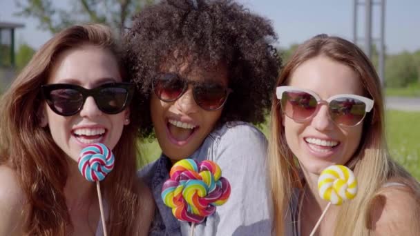 친구 재미와 막대 사탕을 핥는 — 비디오