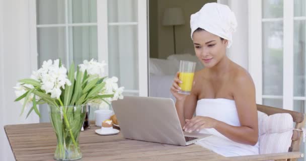 Frau hält Glas im Sitzen mit Laptop — Stockvideo