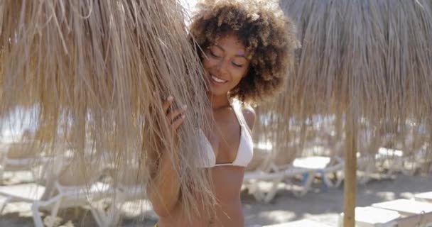 Flerte menina posando na praia — Vídeo de Stock