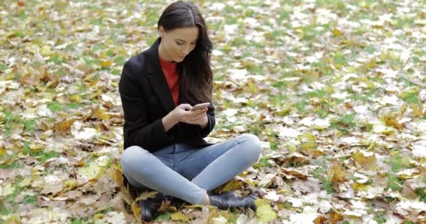 Woman using smartphone on grass — Stock Video