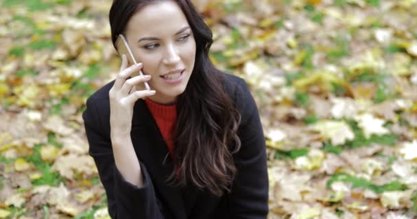 Vrouw spreken op telefoon op gras — Stockvideo