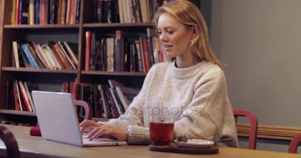 Ελκυστική γυναίκα σε πουλόβερ που χρησιμοποιούν φορητό υπολογιστή — Αρχείο Βίντεο