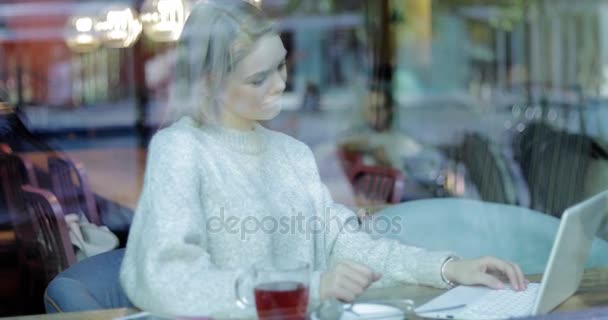 Mulher bebendo chá e usando laptop — Vídeo de Stock