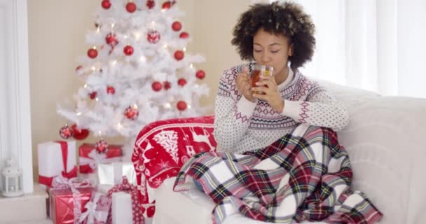 Junge Frau entspannt sich über Weihnachten zu Hause — Stockvideo