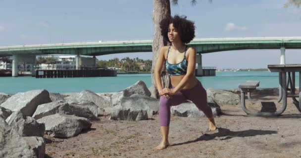 Schwarzes sportliches Mädchen wärmt sich im Park auf — Stockvideo