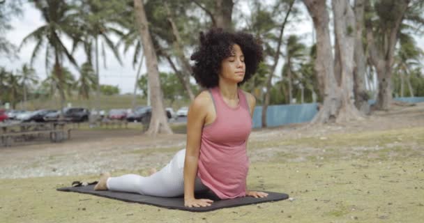 Confident black woman stretching on mat — Stock Video