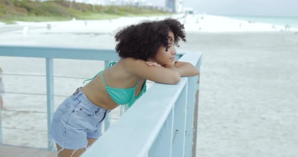 Söt svart tjej njuter utsikten på stranden — Stockvideo