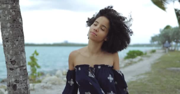 Kvinnan njuter av vinden på strandlinjen — Stockvideo