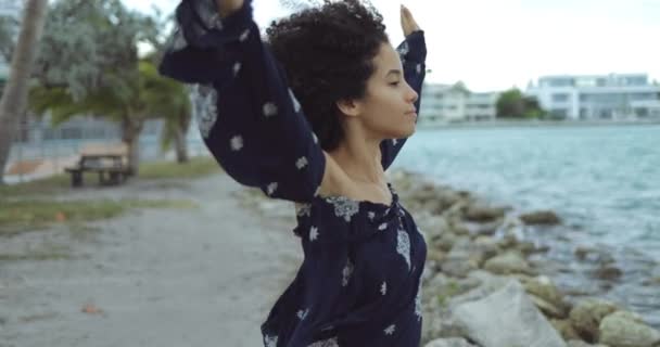 Мечтающая черная девушка наслаждается ветром на берегу — стоковое видео