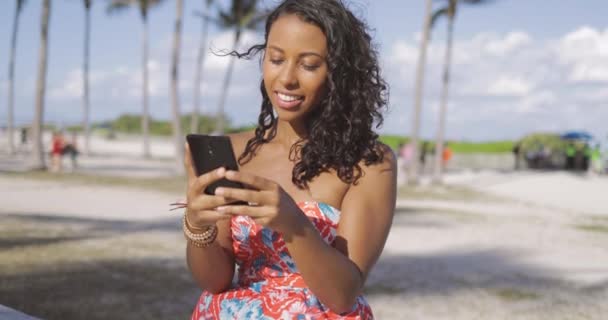 Vrolijke zwarte vrouw spreken op telefoon buiten — Stockvideo