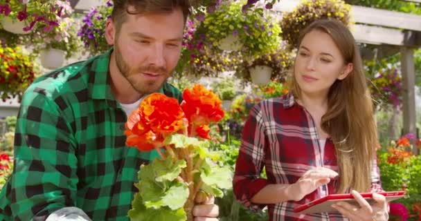 Hombre y mujer trabajando en un jardín floreciente — Vídeos de Stock