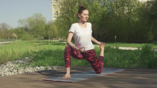 Slim brunett gör yoga twist i park — Stockvideo