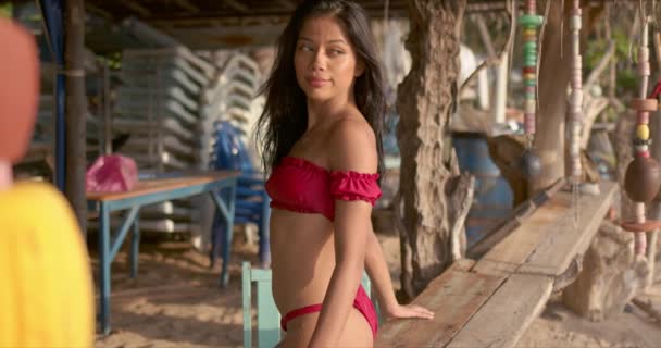 Чувственная брюнетка в красном бикини сидит в пляжном баре — стоковое видео