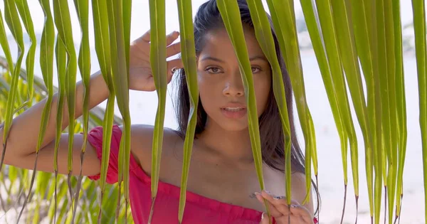 緑の植物に囲まれた海岸の魅力的な若い女性 — ストック写真