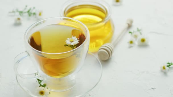 Closeup of cup with camomile tea — Stock Video