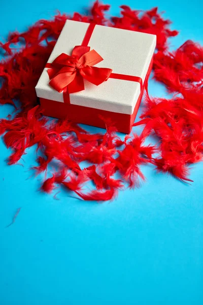 Caja con un regalo, atada con una cinta colocada sobre plumas rojas —  Fotos de Stock