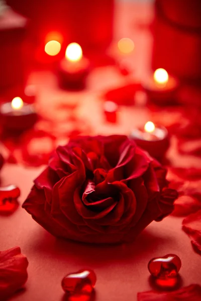 Décoration romantique Saint Valentin avec des roses, des cadeaux en boîte, des bougies — Photo