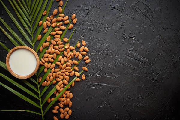 Graines d'amande avec bol de lait naturel frais placé sur fond de pierre noire — Photo