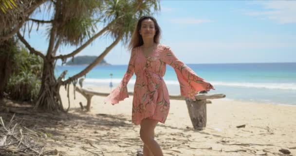 Стильна етнічна жінка відпочиває на піщаному пляжі — стокове відео
