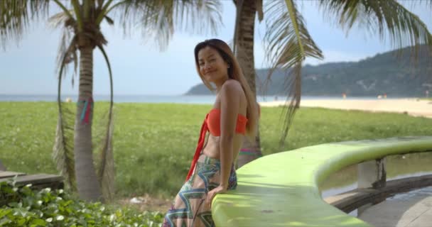 Stylish ethnic female leaning on border on beach — 图库视频影像