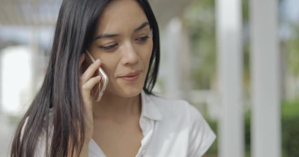Retrato de una hermosa mujer de negocios mientras habla por teléfono móvil — Vídeo de stock