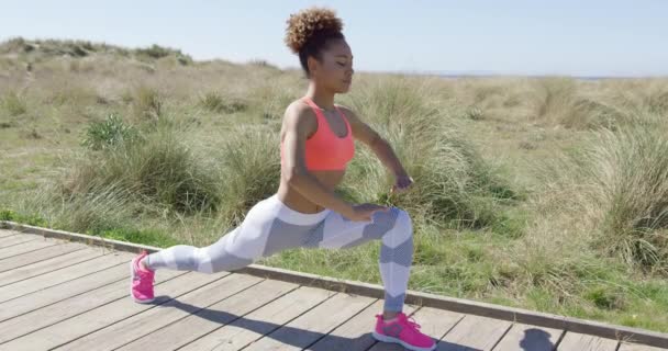 Sporty athletic woman stretching a leg — Stok video