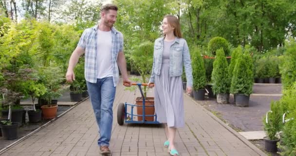 Feliz joven pareja en la tienda de plantas acaba de comprar un bonito árbol en maceta — Vídeo de stock