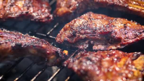 Tasty ribs cooking on barbecue grill for summer outdoor party — Stock Video
