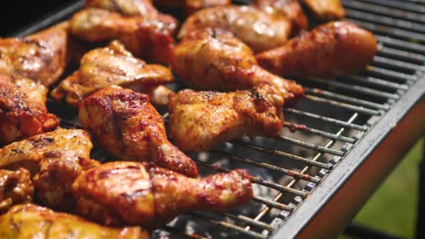 Delicious chicken pieces frying on barbecue grill — Stock Video