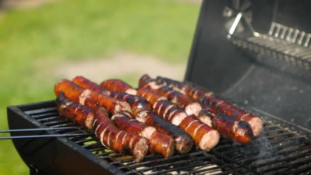 Griller de savoureuses saucisses sur barbecue grill — Video