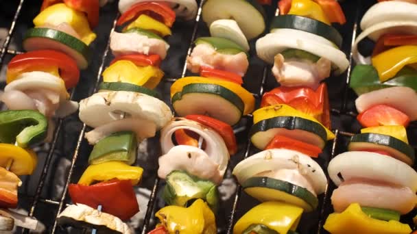 Multiple colorful and tasty grilled shashliks on outdoor summer barbecue — Stock Video