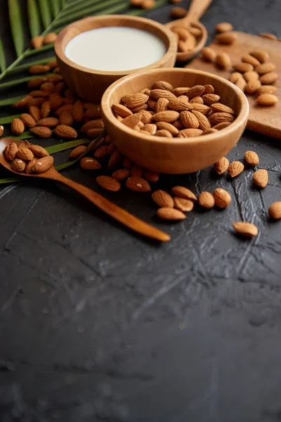 Gros plan des amandes dans un bol en bois et du lait d'amande — Photo