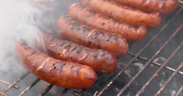 Salsichas grelhadas quentes e saborosas que fritam no churrasco para fumar. Vídeo em câmera lenta — Vídeo de Stock