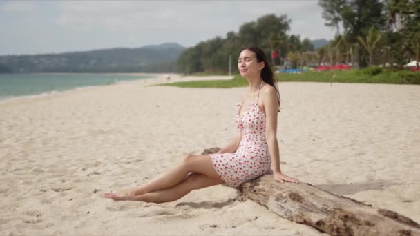 Vue latérale du contenu souriant dame aux yeux fermés repose sur la plage — Video