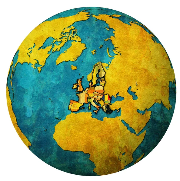 Rumunsko území s vlajkou nad mapou světa — Stock fotografie
