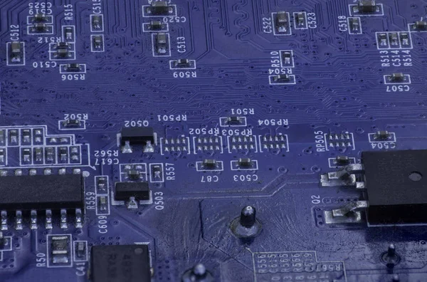 Primer Plano Extremo Parte Del Ordenador Con Microcircuitos Color Azul —  Fotos de Stock