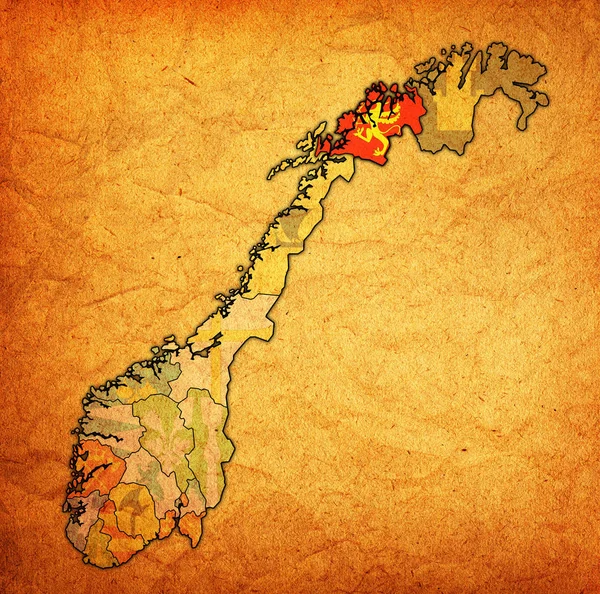 Région de Troms sur la carte de l'administration du nord — Photo