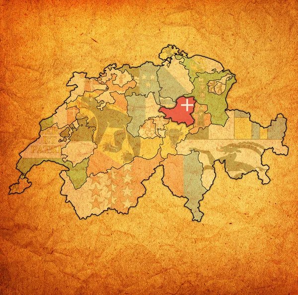 Schwyz州的国旗在瑞士地图上 — 图库照片