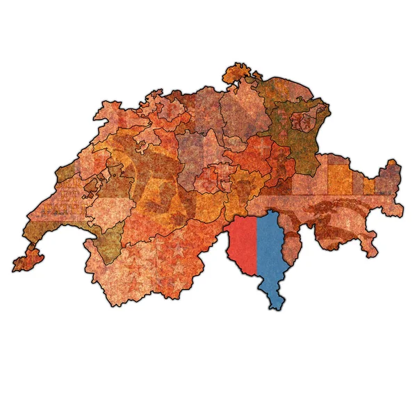 Bandiera di Tessin cantone sulla mappa di Svizzera — Foto Stock