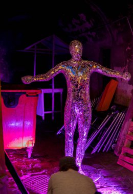 1 June 2019, Lublin, Poland: Art installation of a man made from broken mirrors for Night of Culture Festival which takes place in a city of Lublin