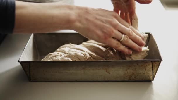 Крупним Планом Покласти Добре Приготоване Хлібне Тісто Духовку — стокове відео