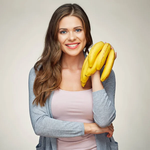 Mujer sonriente retrato con vitamina dieta comida plátano . — Foto de Stock