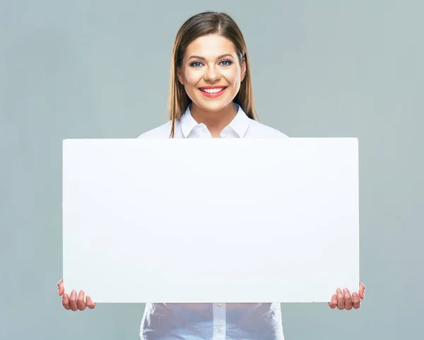 Portrait of business woman holding sign board. — Stock Photo, Image